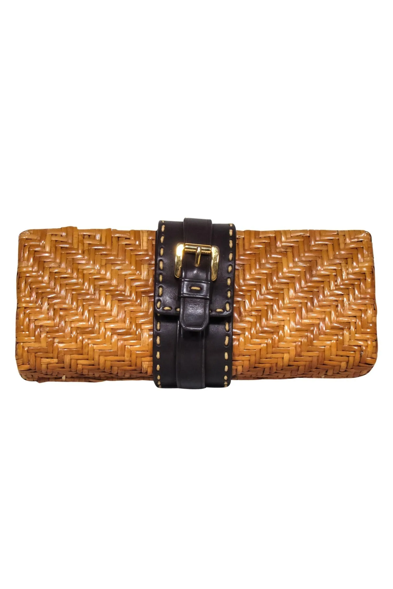 Michael Kors - Tan Woven Clutch w/ Brown Leather Buckle Front