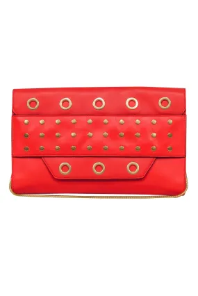 Milly - Red Leather Clutch on Strap w/ Gold Grommets