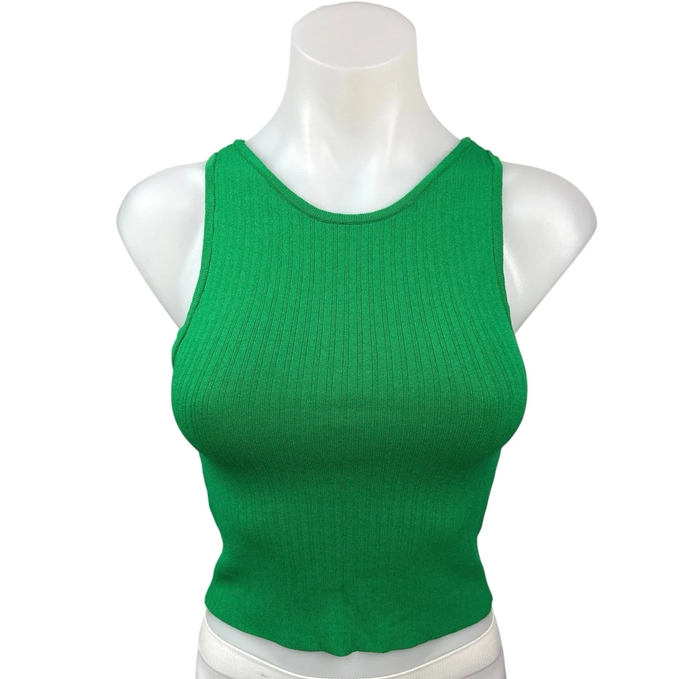 MNG Green Ribbed Sleeveless Zipper Back Stretch Knit Cropped Tank Top Size XS