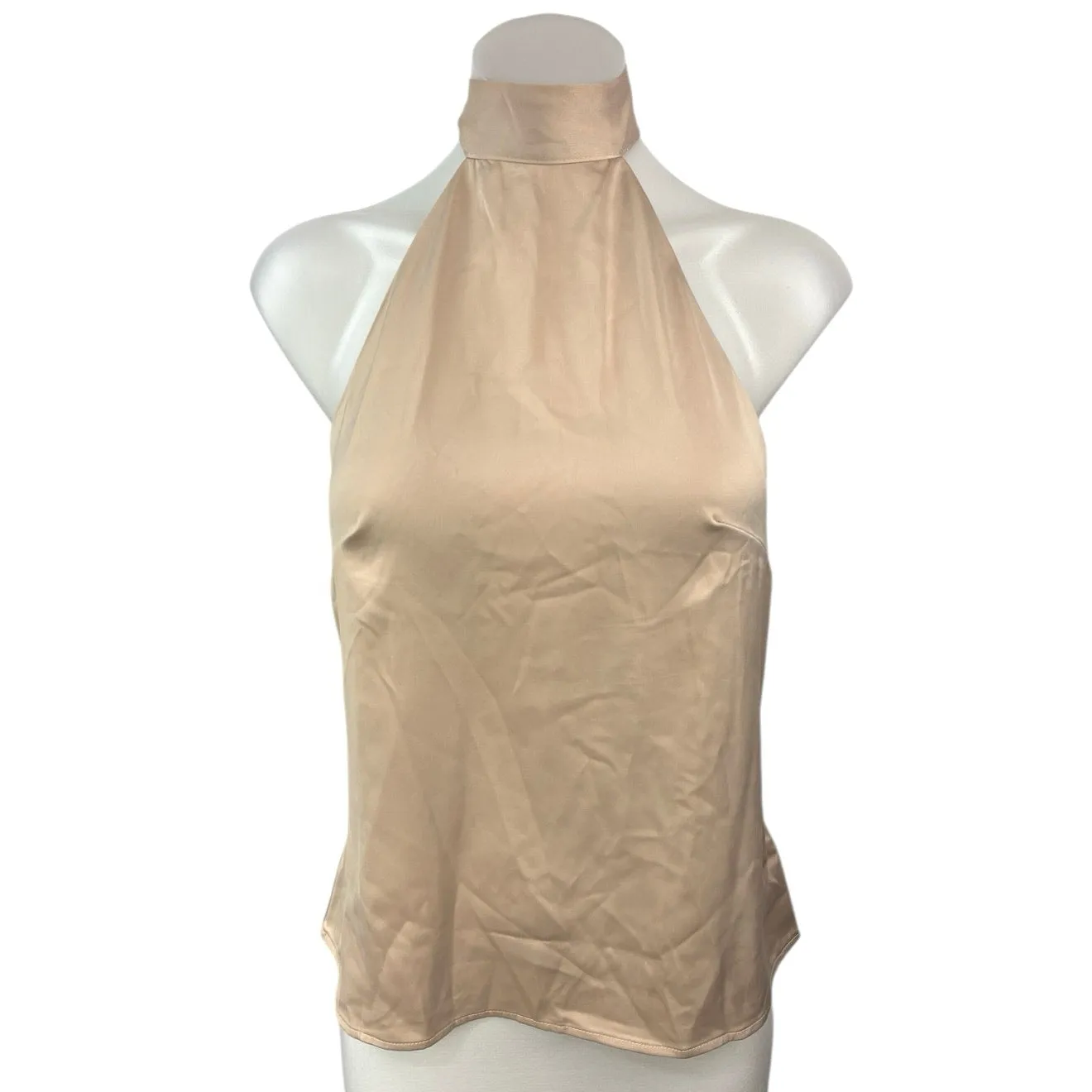 Nasty Gal Beige Silk Satin High Neck Halter Tie Sleeveless Blouse Top Size 4