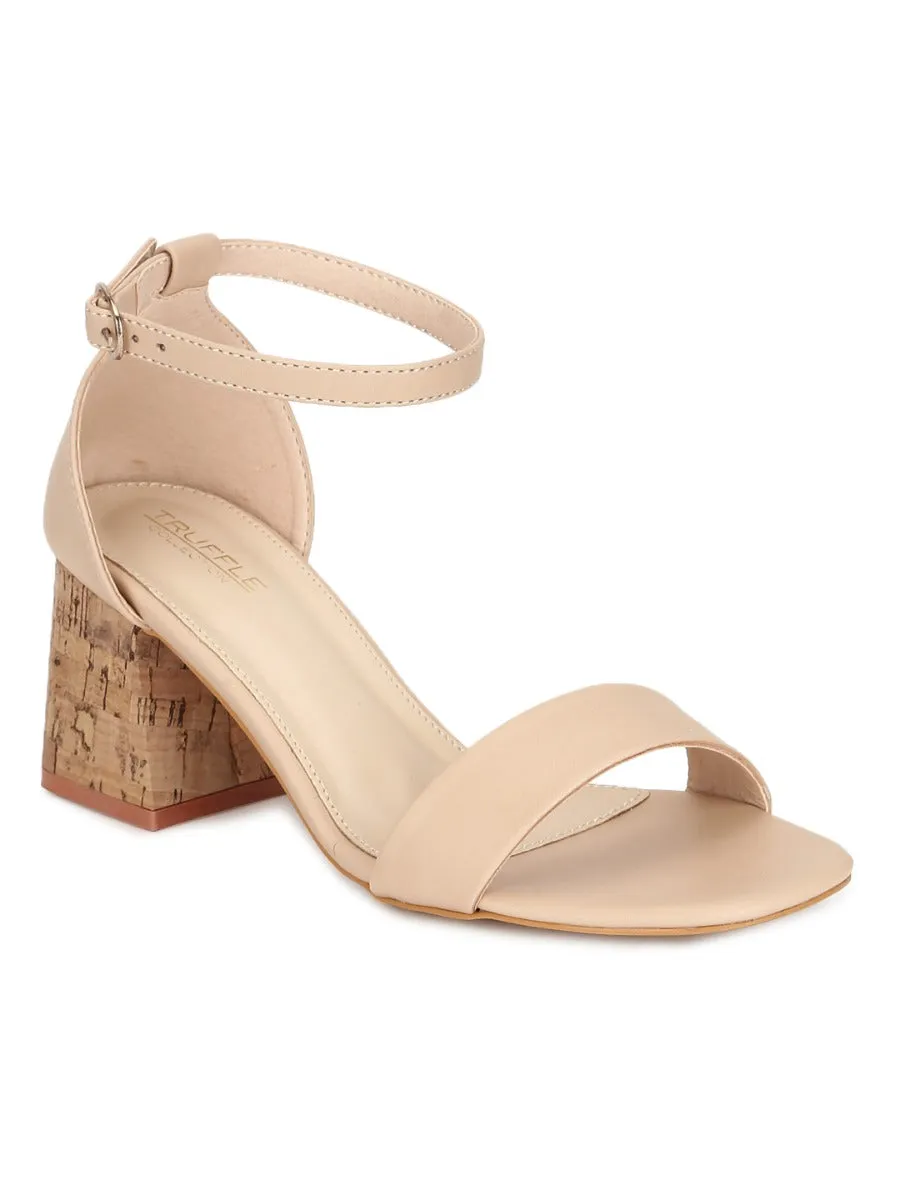 Nude PU Low Block Heel Sandals