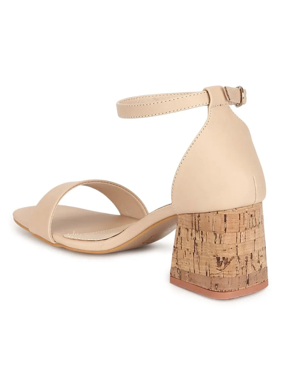 Nude PU Low Block Heel Sandals