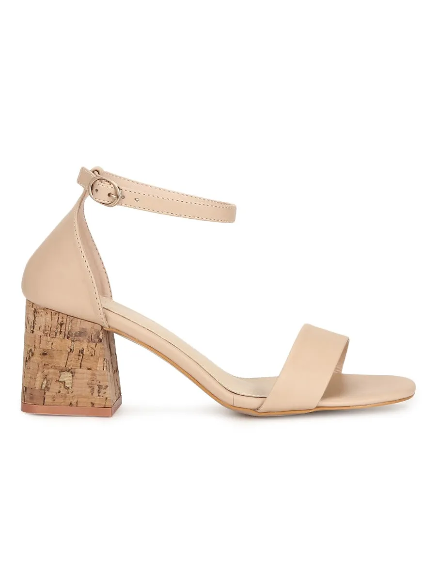 Nude PU Low Block Heel Sandals