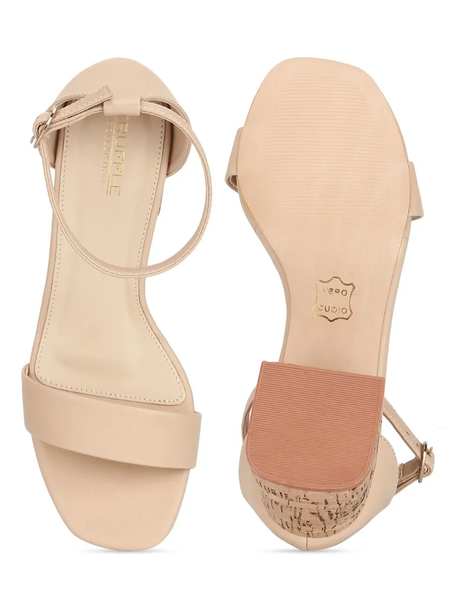 Nude PU Low Block Heel Sandals