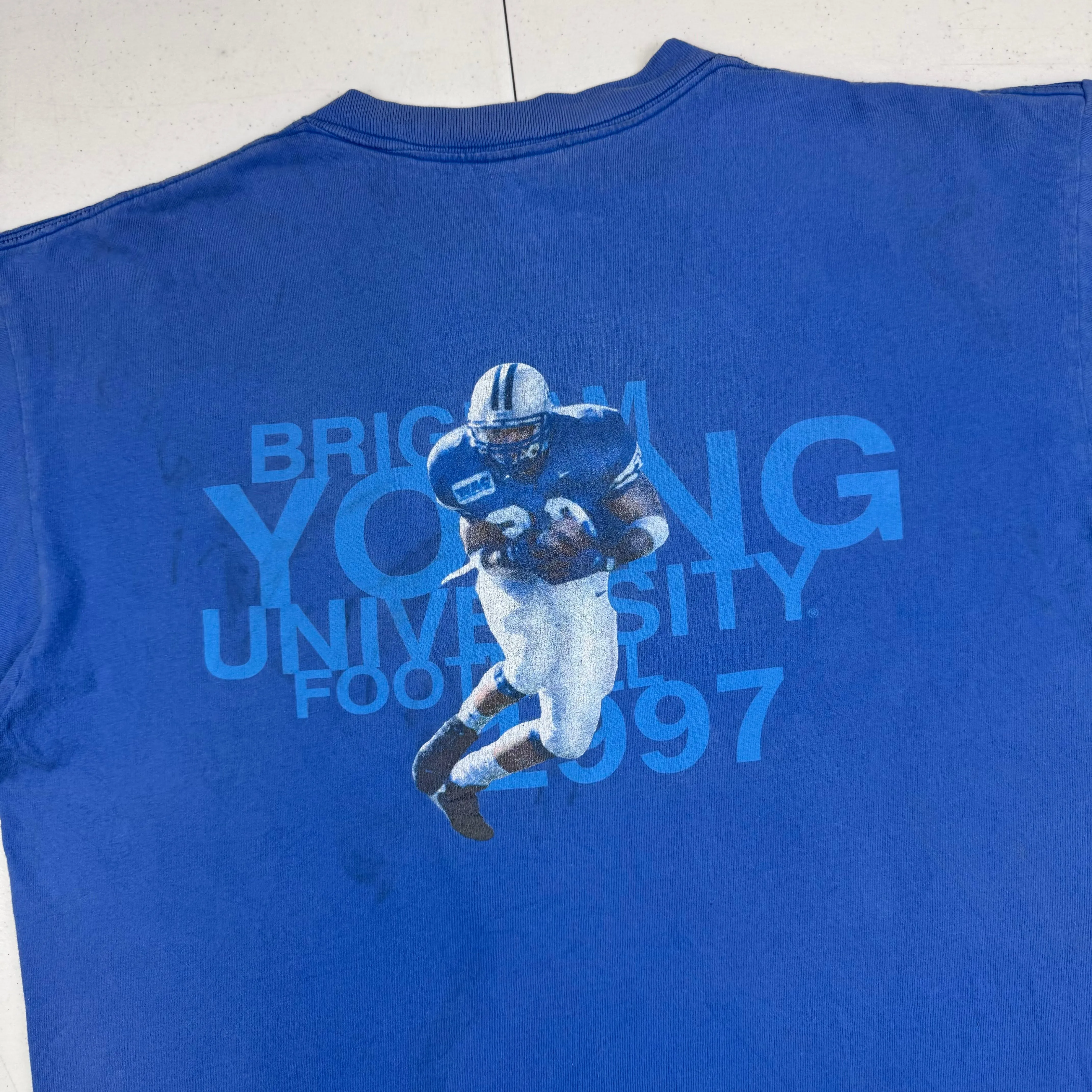 Oneita Brigham Young BYU University American Football Graphic Single Stitch T-shirt Blue