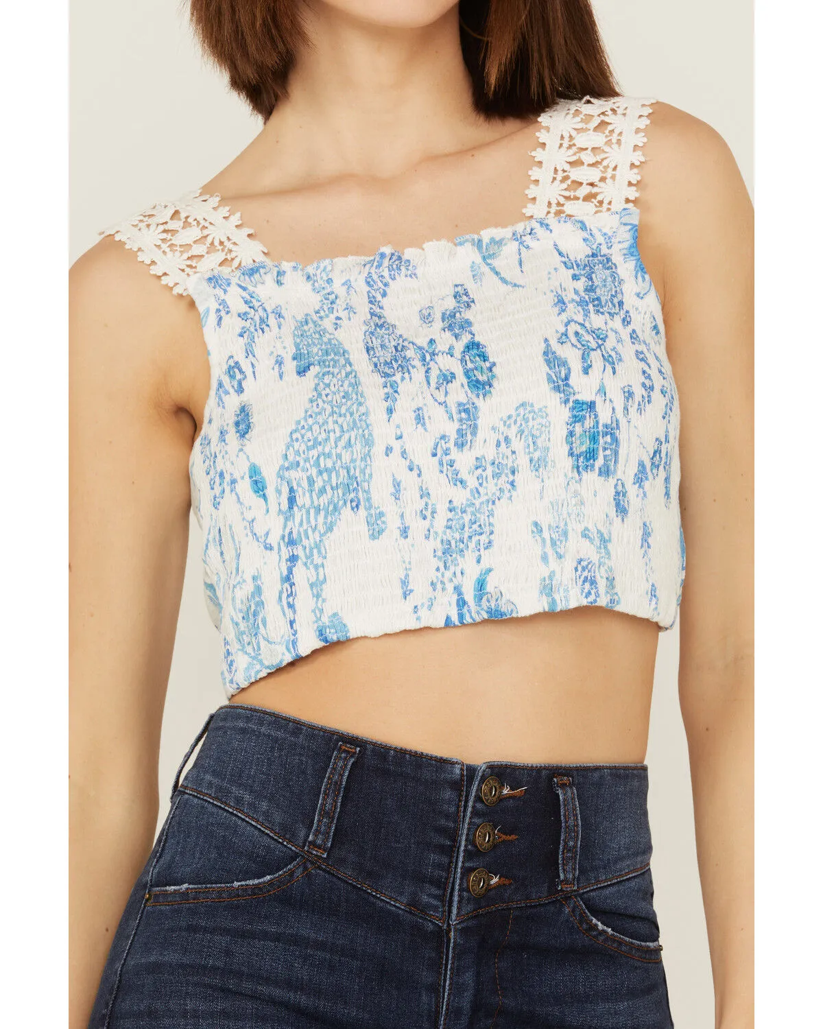 Product Name:  Z&L Women's Delphi Print Smocked Tie Back Sleeveless Crop Top