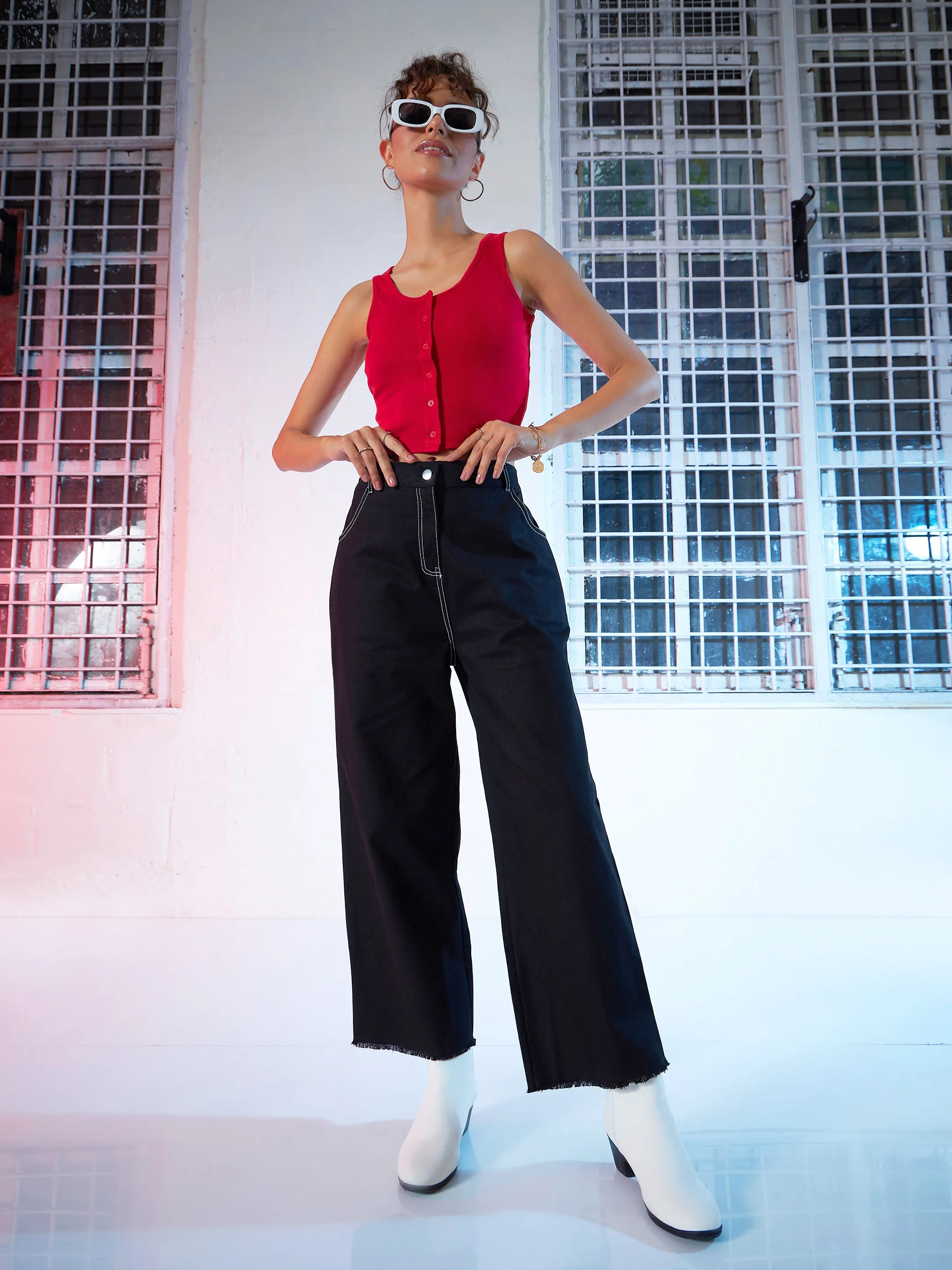 Red Front Button Sleeveless Crop Top