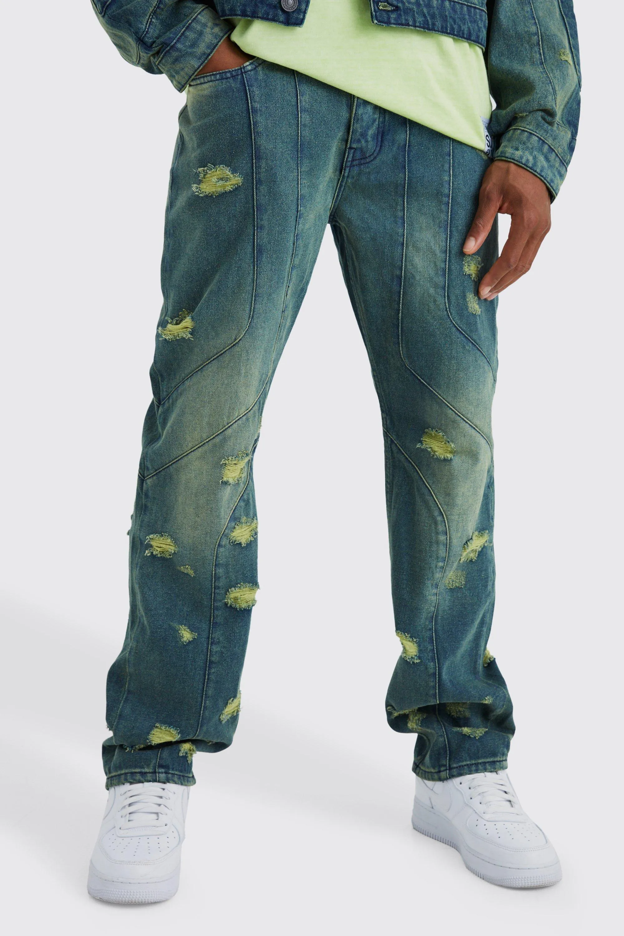 Relaxed Rigid Paneled Distressed Jeans