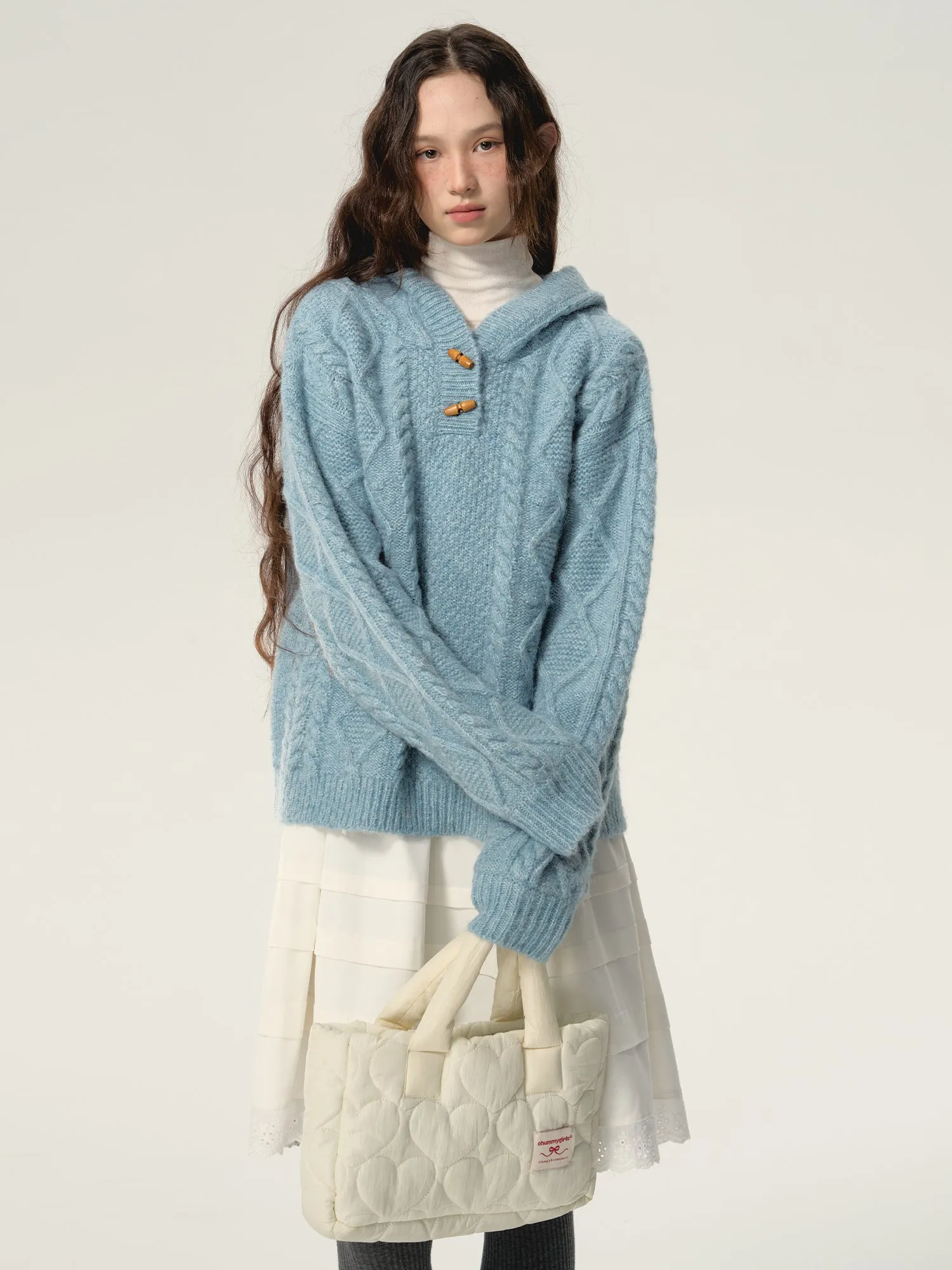 Retro Hoodie Natural Simple Oversize Cable-Knit