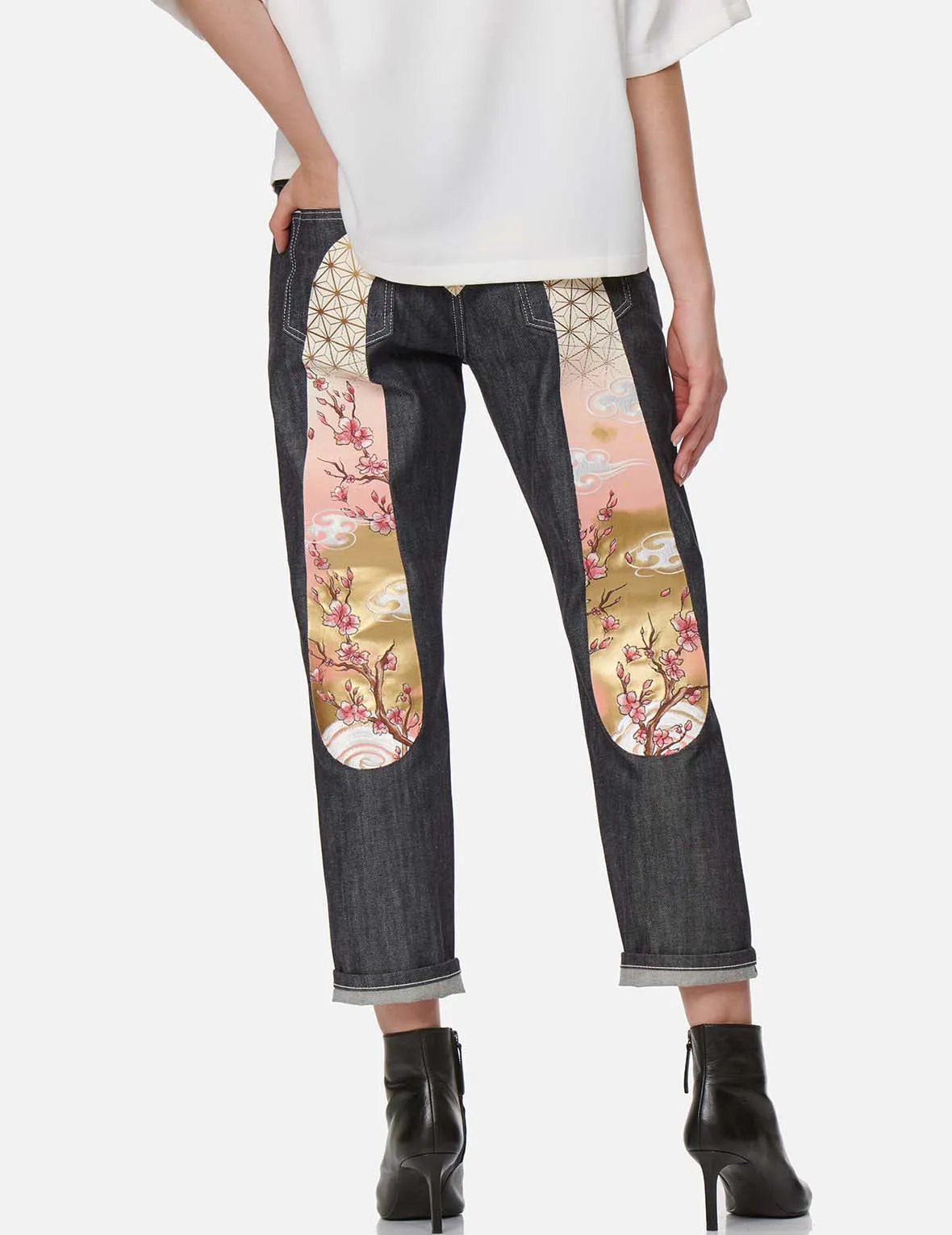 Sakura Embroidery and Brocade Print Daicock Boyfriend Jeans