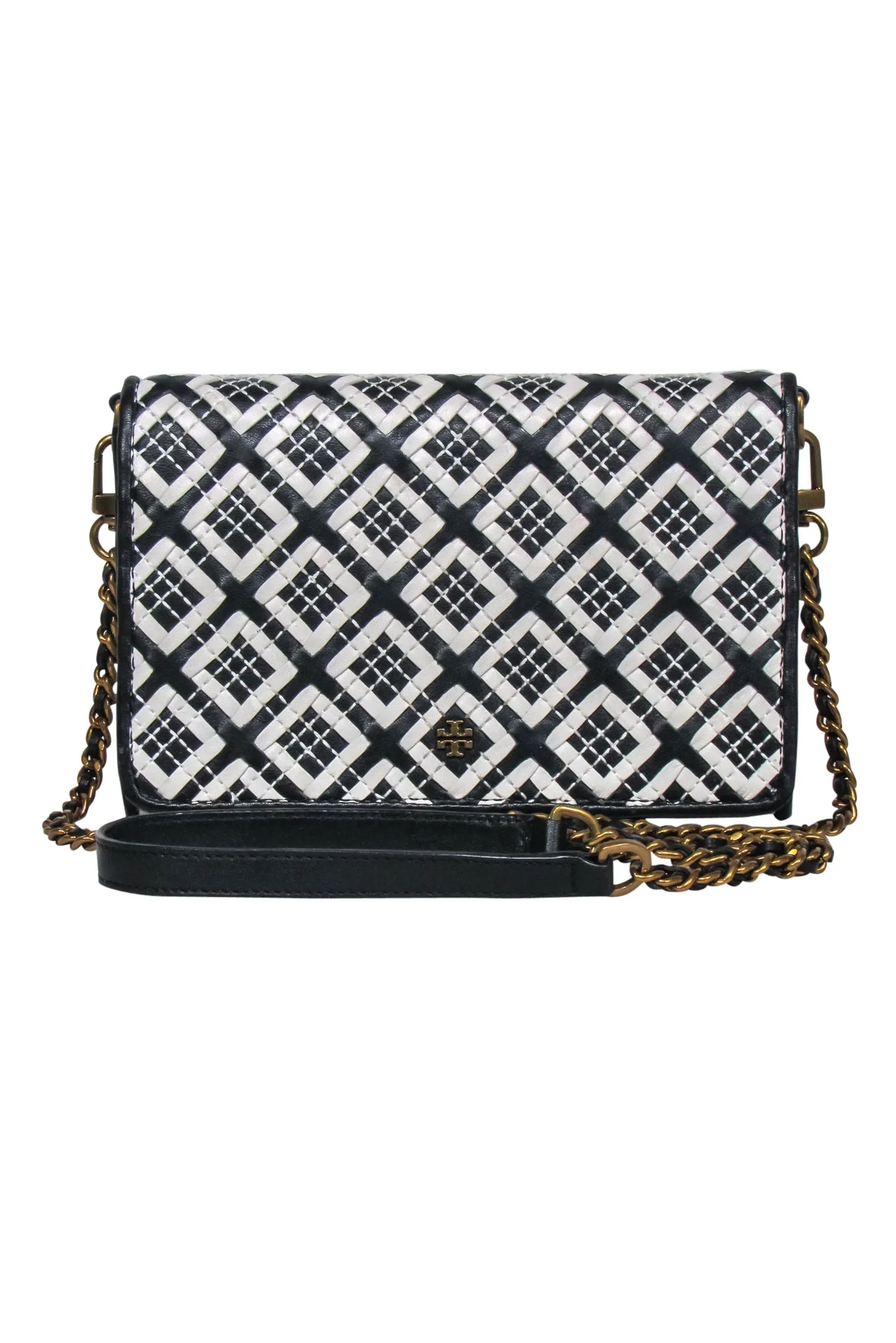 Tory Burch - Black & Cream Leather Diamond Print Crossbody Bag