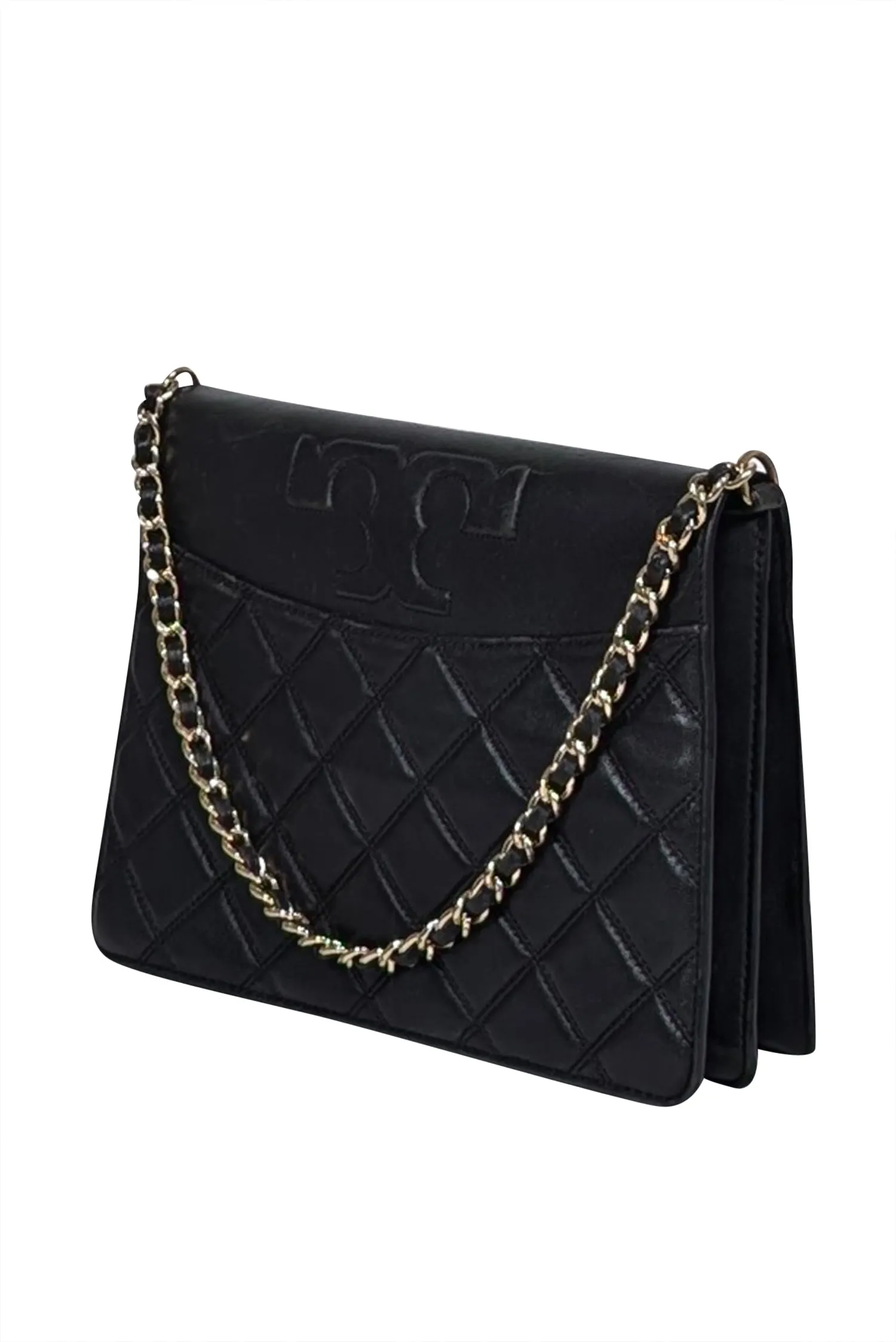 Tory Burch - Black Leather Quilted Fold Over Crossbody Bag