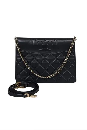 Tory Burch - Black Leather Quilted Fold Over Crossbody Bag