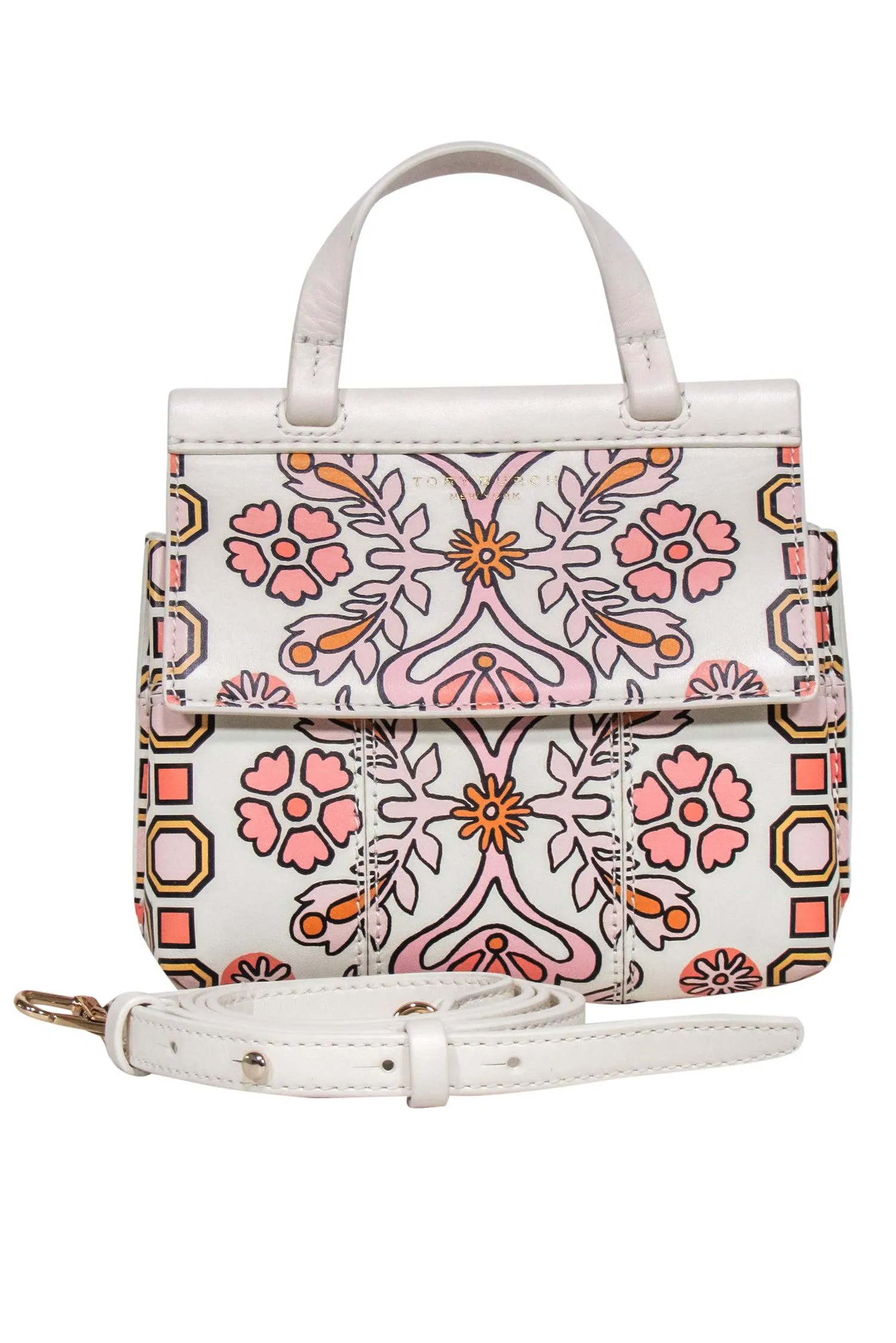 Tory Burch - Ivory Leather w/ Pink & Orange Print Crossbody Bag