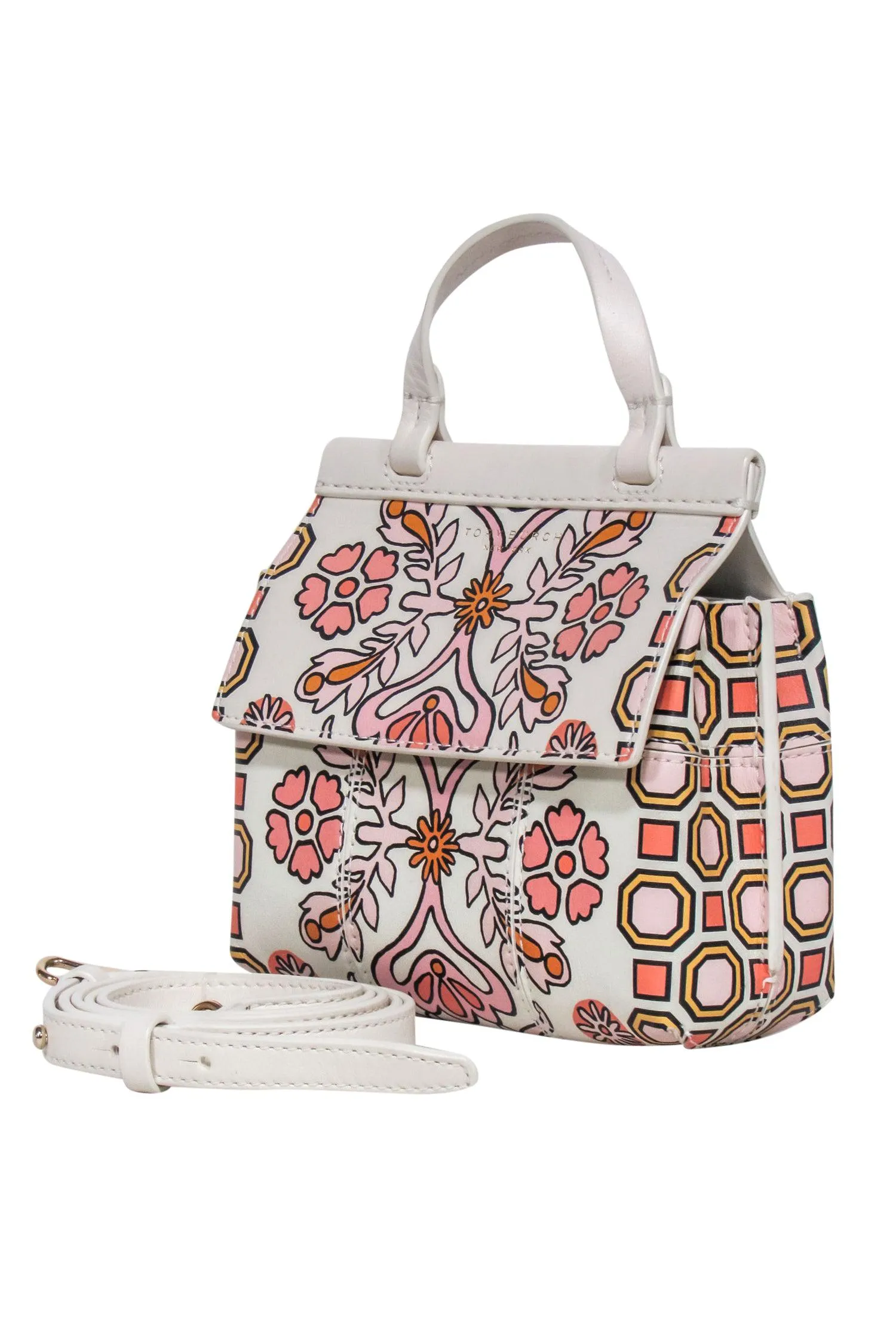 Tory Burch - Ivory Leather w/ Pink & Orange Print Crossbody Bag