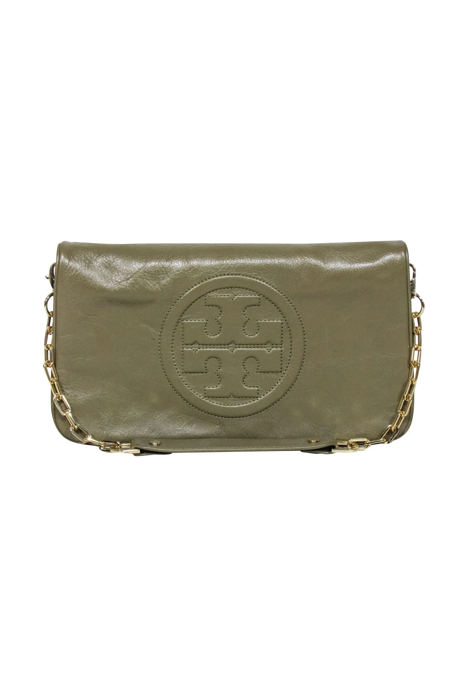 Tory Burch - Olive Green Fold-Over Leather Reva Clutch