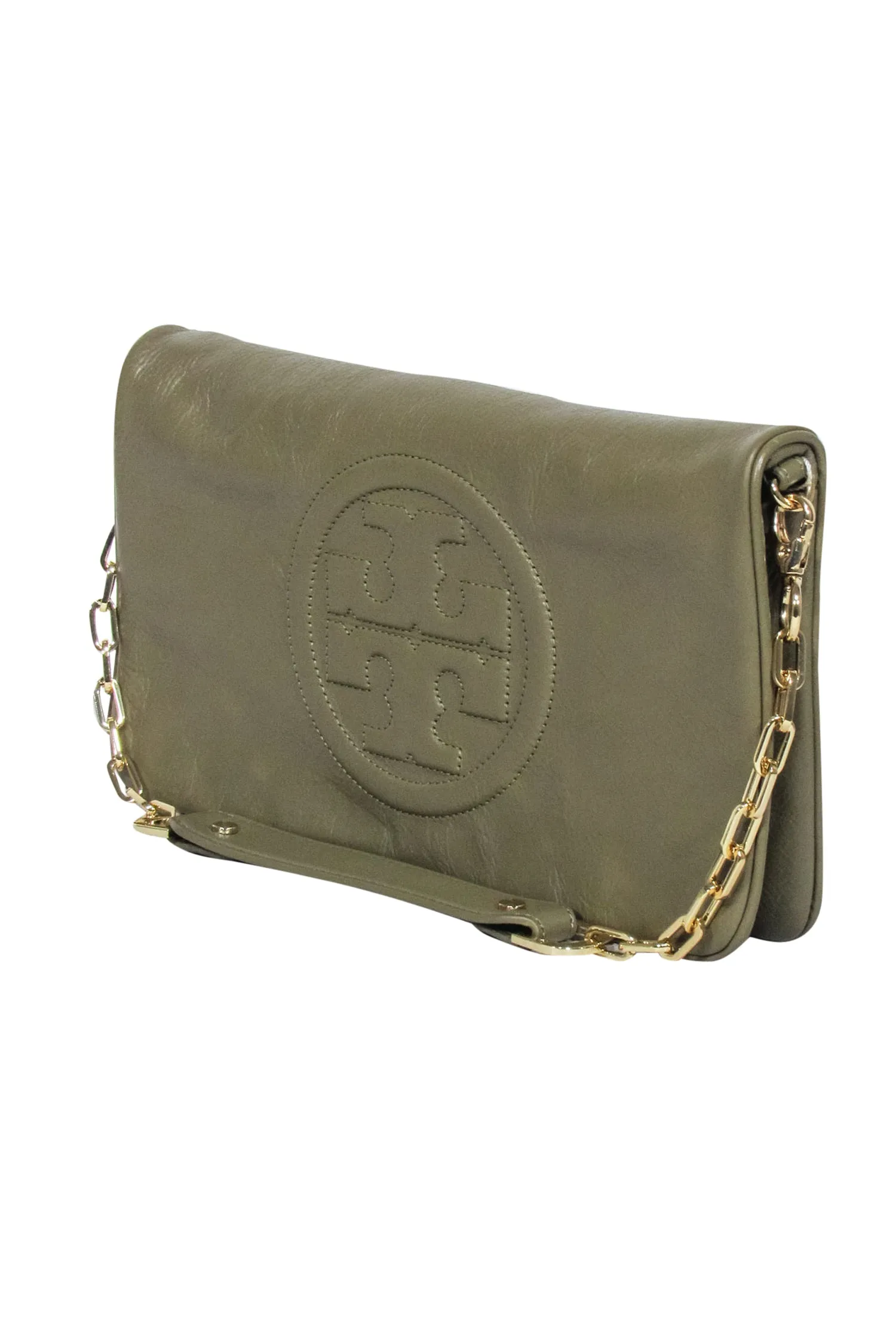 Tory Burch - Olive Green Fold-Over Leather Reva Clutch