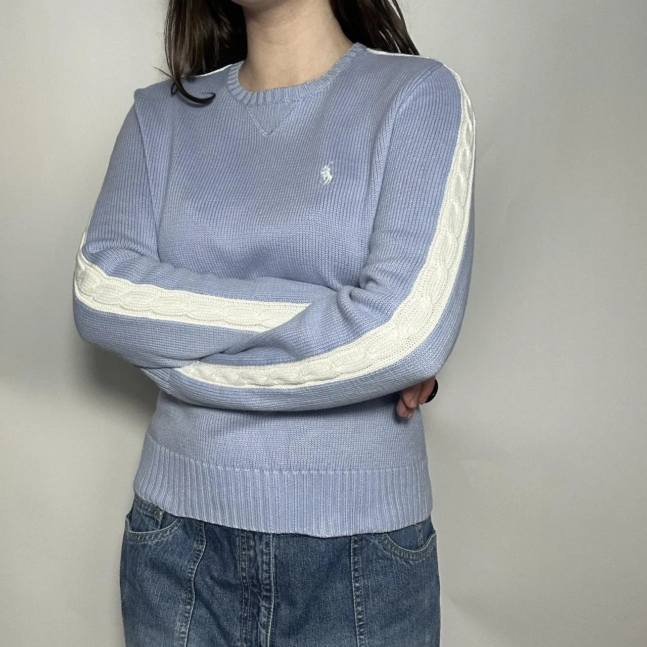 Vintage 90s authentic Polo Ralph Lauren Golf baby blue and white cable knit crew neck slightly cropp-