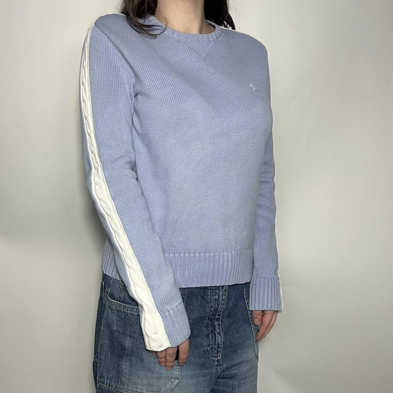 Vintage 90s authentic Polo Ralph Lauren Golf baby blue and white cable knit crew neck slightly cropp-