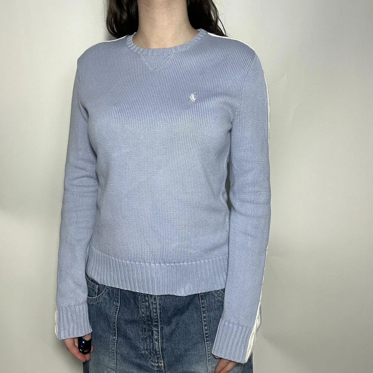 Vintage 90s authentic Polo Ralph Lauren Golf baby blue and white cable knit crew neck slightly cropp-