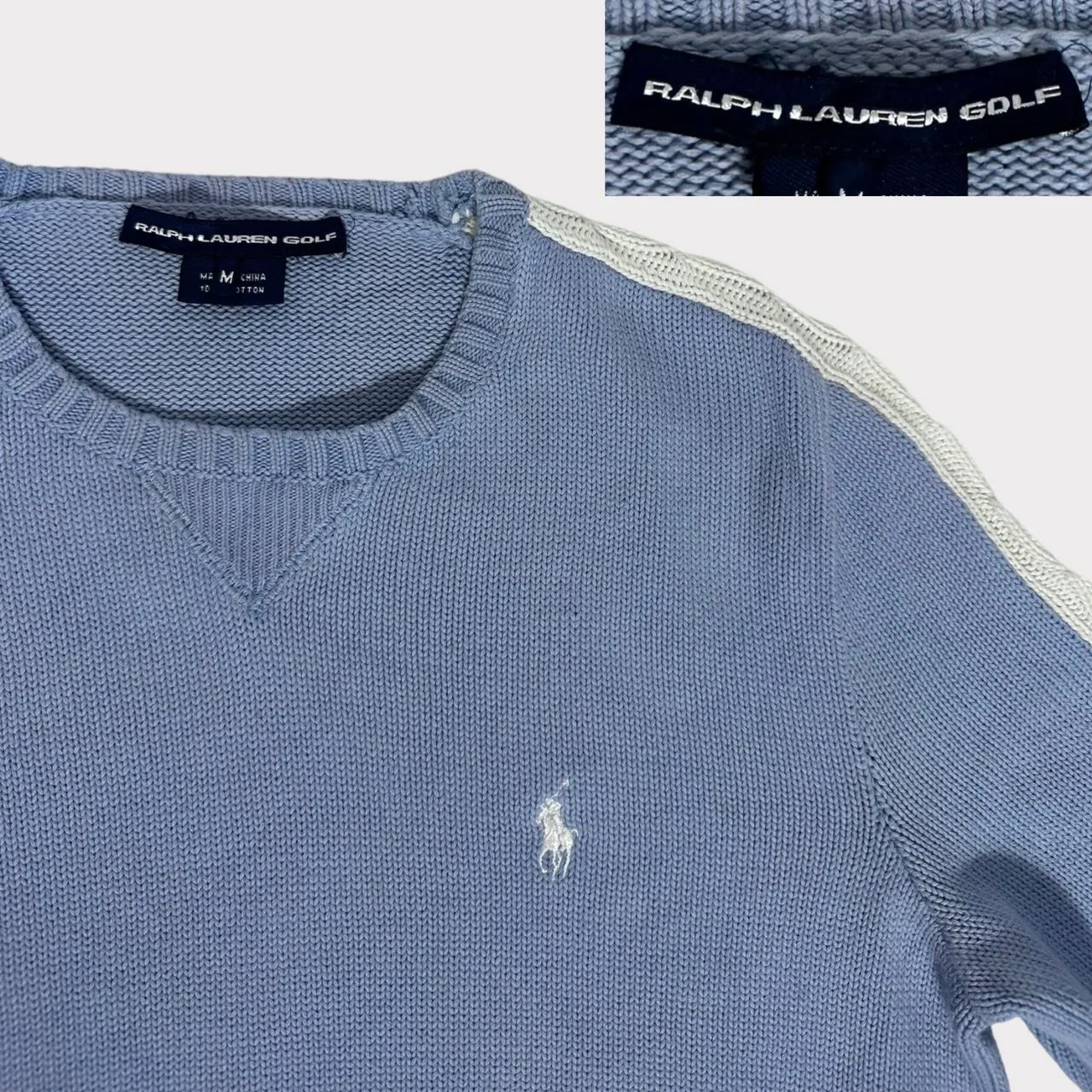 Vintage 90s authentic Polo Ralph Lauren Golf baby blue and white cable knit crew neck slightly cropp-