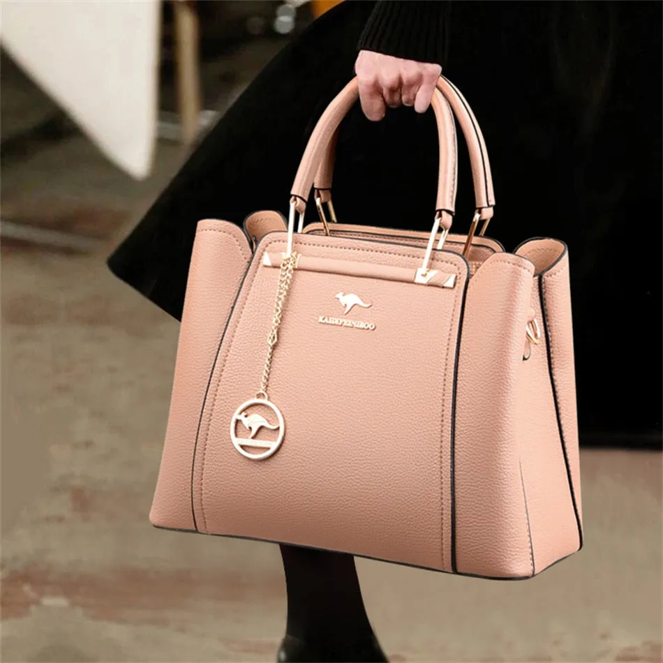 Women's Soft Leather Kangaroo Pendant Shoulder Casual Tote Handbags