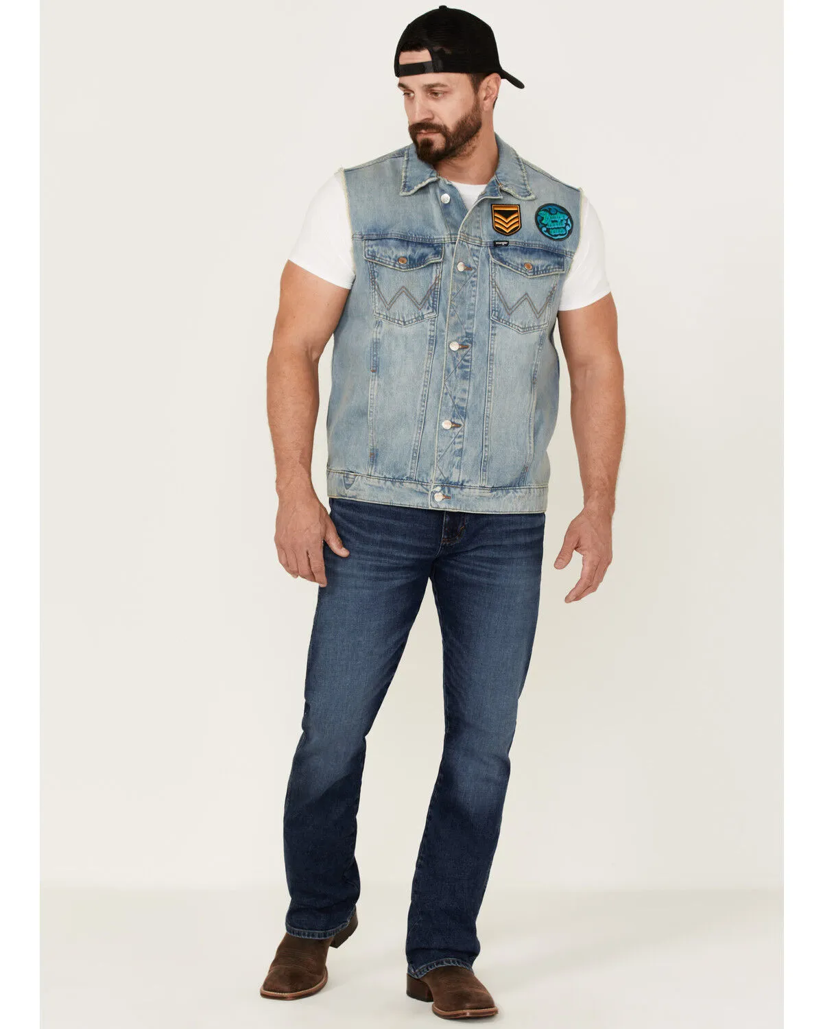 Wrangler X Fender Men's Cowboy Rockstar Patch Denim Vest