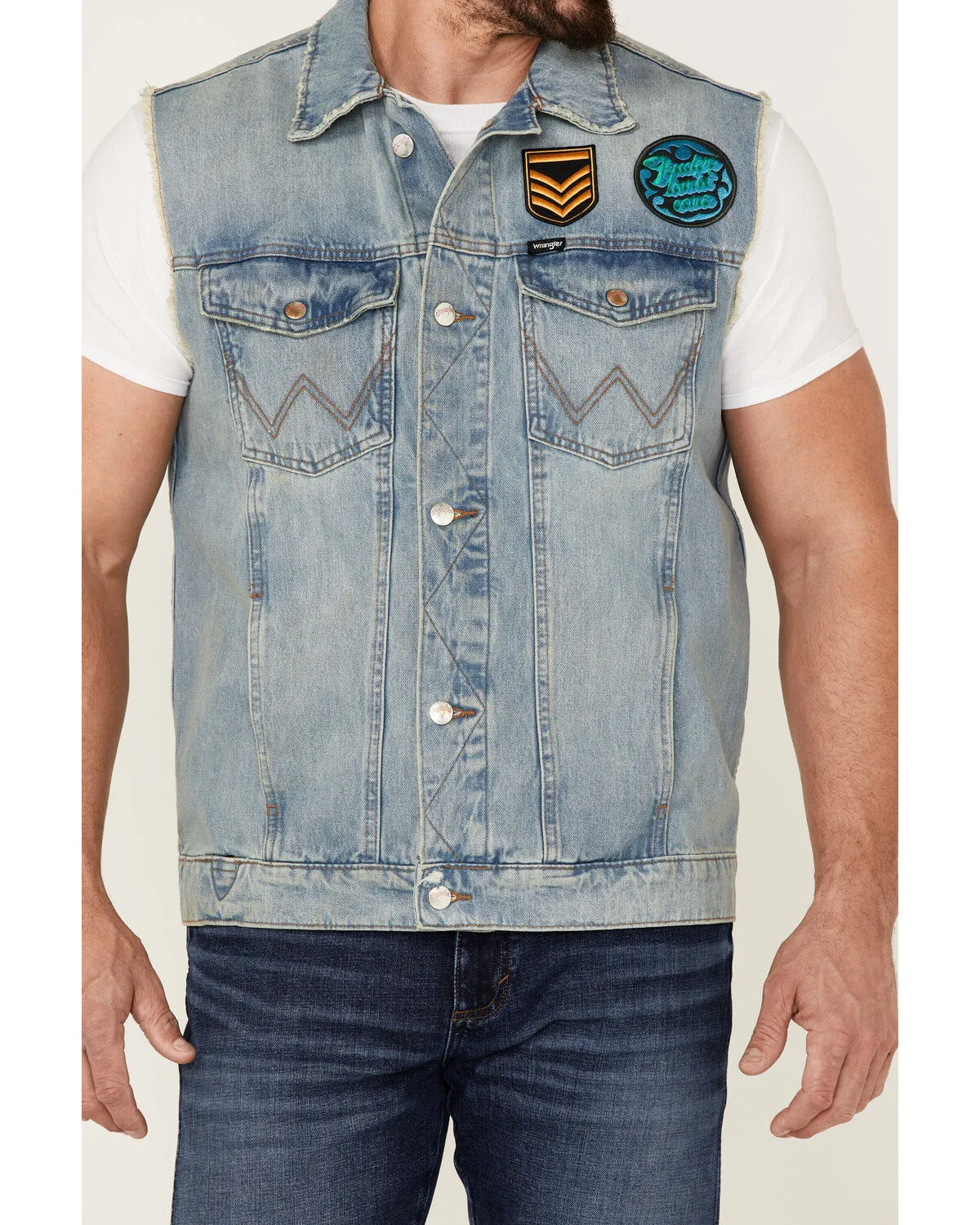 Wrangler X Fender Men's Cowboy Rockstar Patch Denim Vest