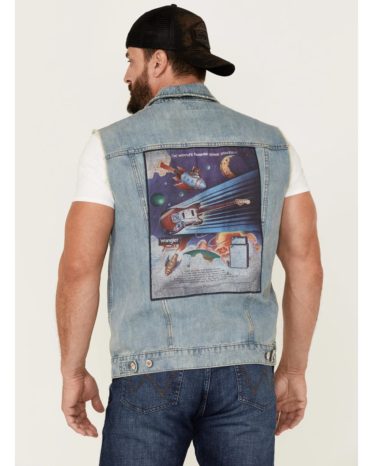 Wrangler X Fender Men's Cowboy Rockstar Patch Denim Vest